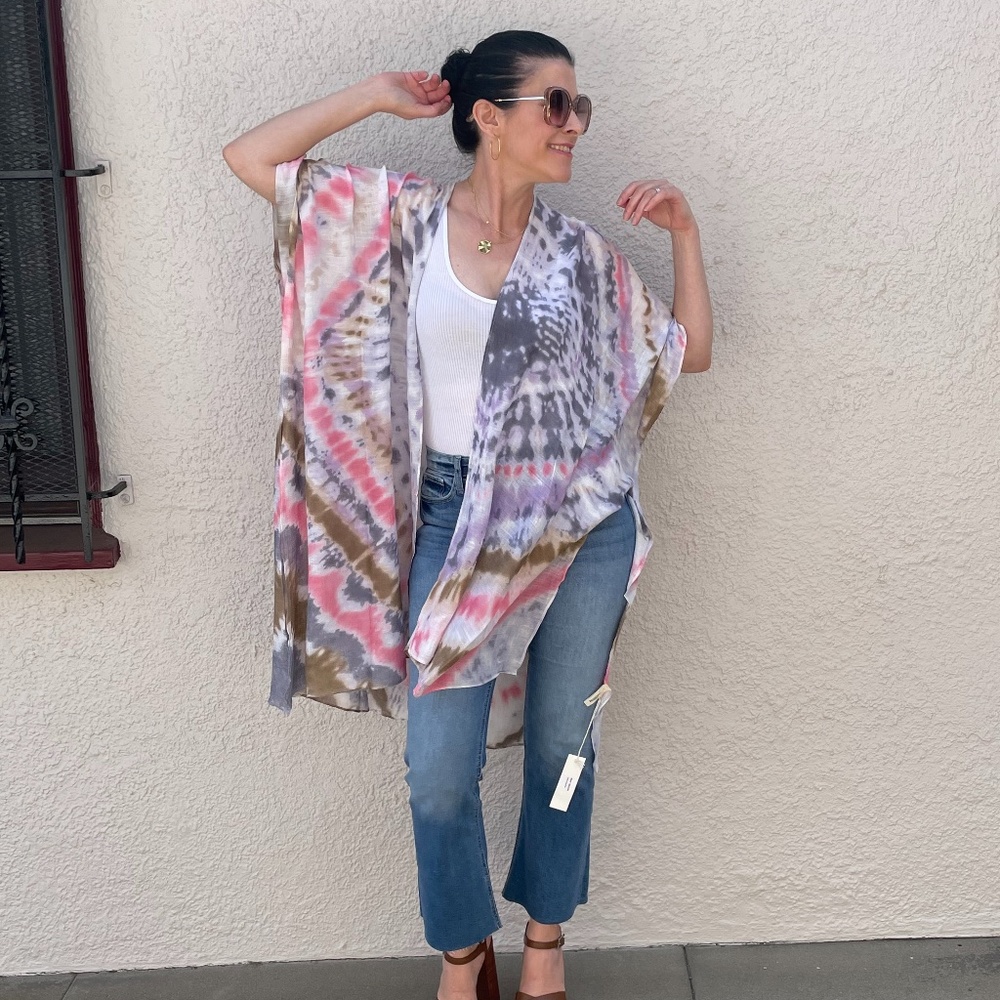 035 Boho Tie Dye Kimono beach Cover up - Picture 8 of 15
